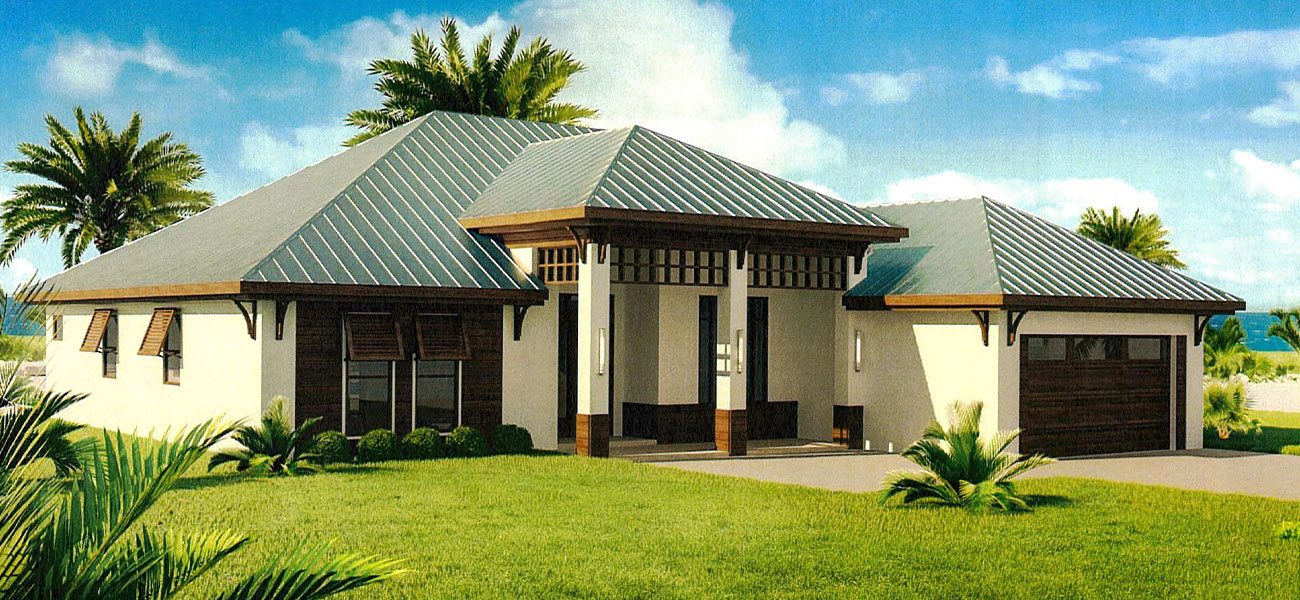 Single-story house with metal roof, cream exterior, wood accents, and attached two-car garage, surrounded by grass and palm trees.