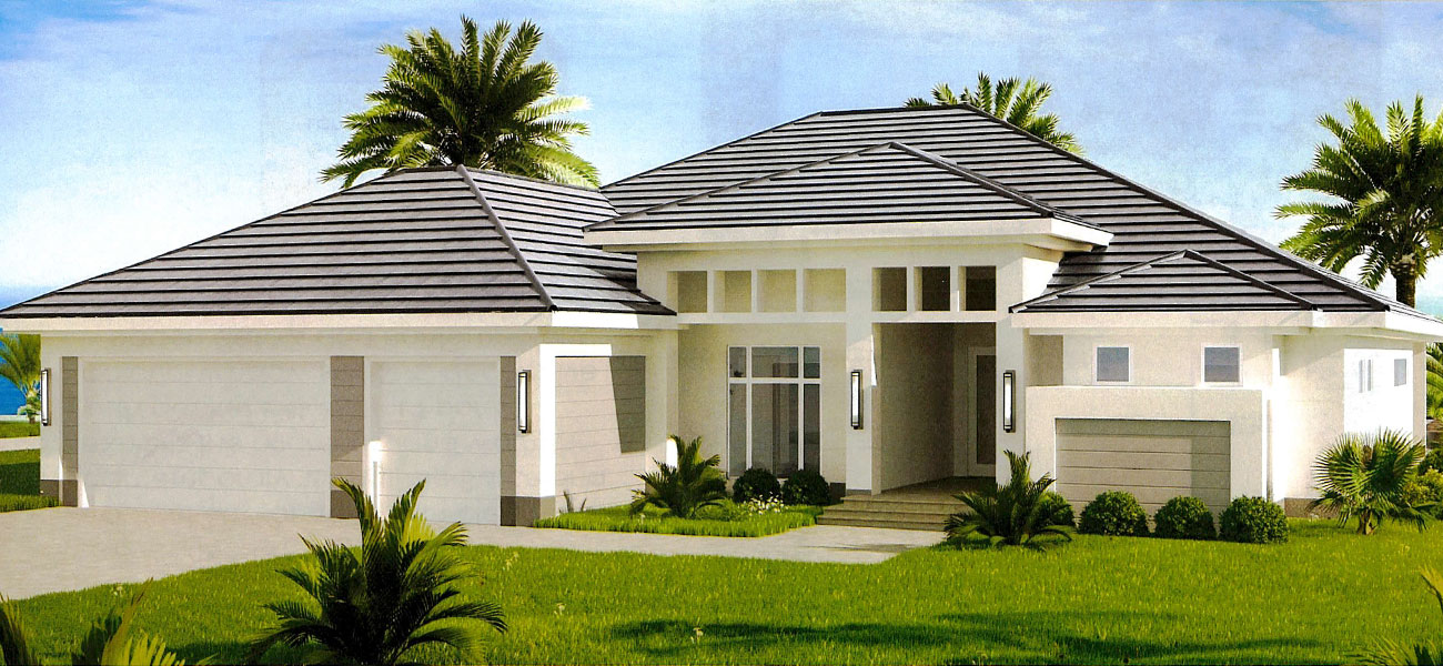 Modern single-story house with a three-car garage, white exterior, large windows, and landscaped front yard.