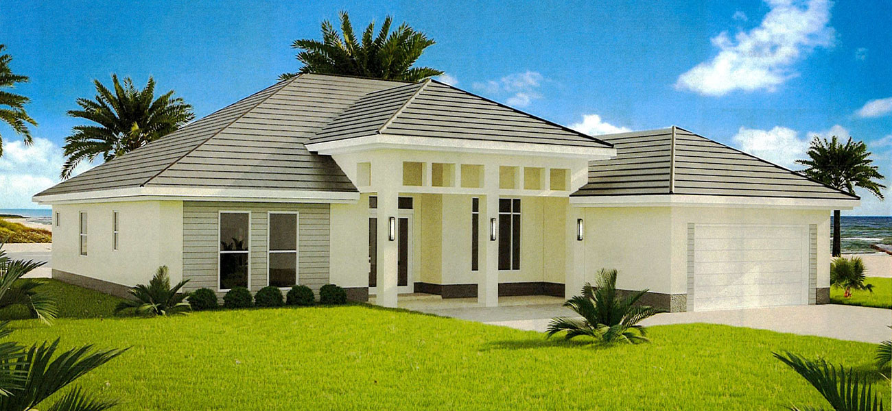 Single-story modern house with a gray tile roof, large windows, and an attached two-car garage, set on a green lawn.