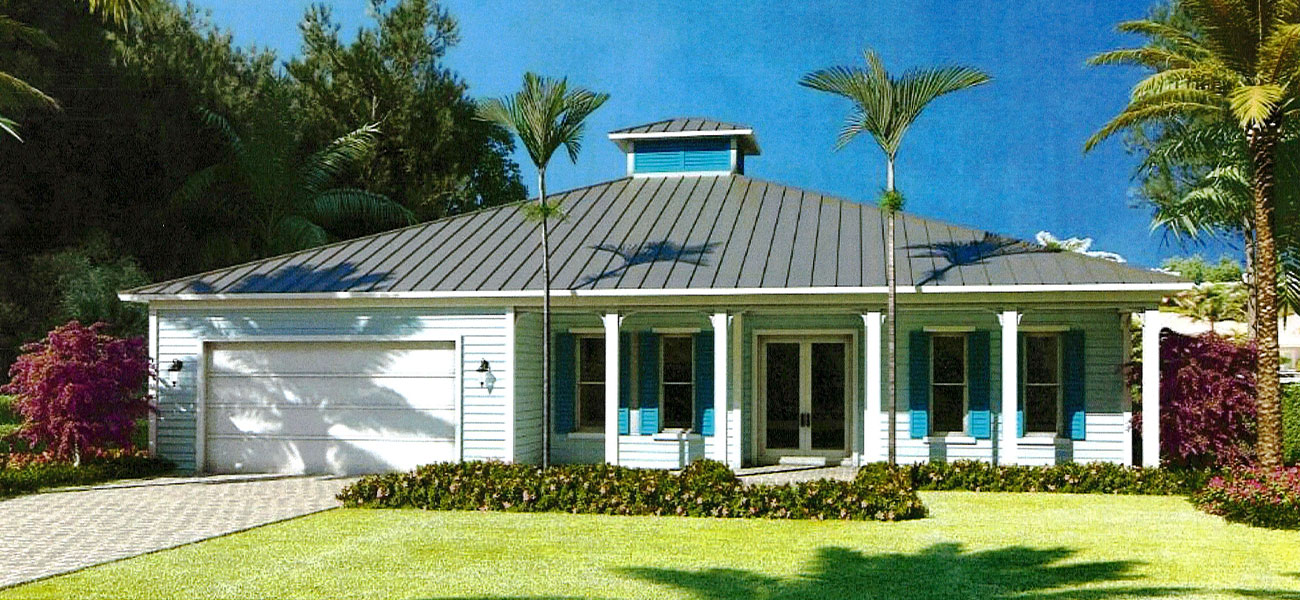 Single-story house with a metal roof, front porch, two-car garage, and palm trees in the yard under a clear sky.