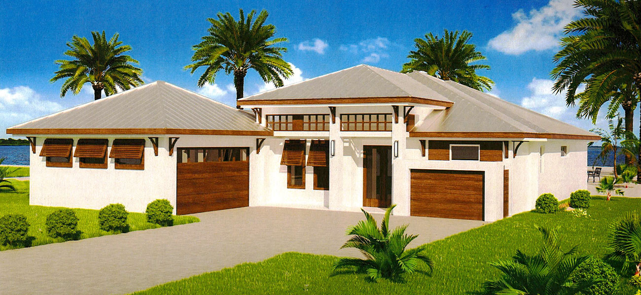 Modern single-story house with white walls, metal roof, wooden accents, surrounded by palm trees and greenery.