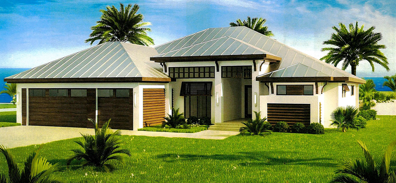 Contemporary single-story house with metal roof, large windows, and garage, surrounded by palm trees and green lawn.